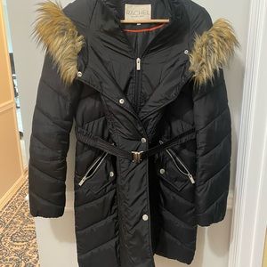 Black Rachael Roy coat with belt and fur collar